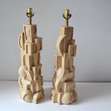 Vintage 1960s Cubist Inspired Chalkware Table Lamps, Abstract, Sculptural 