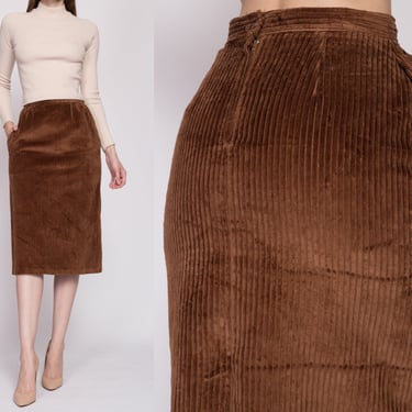 XS| 70s Brown Corduroy Midi Skirt - Extra Small, 25" | Vintage Plain High Waisted A Line Pencil Skirt 