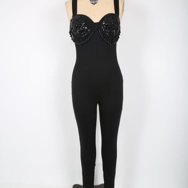 Vintage Black Jumpsuit Bodysuit with Crystal & Beaded Bra 80s 90s Y2K Festival Coachella Concert Rave Party Costume Streetwear 