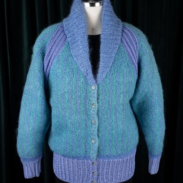 Gorgeous Vintage Barbara West Hand Knit Periwinkle Blue and Turquoise Mohair Shawl Collar Lined Jacket Sweater 
