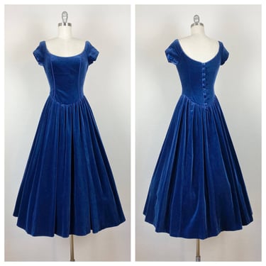 Vintage Laura Ashley Great Britain dress, blue velvet, button back, full skirt 