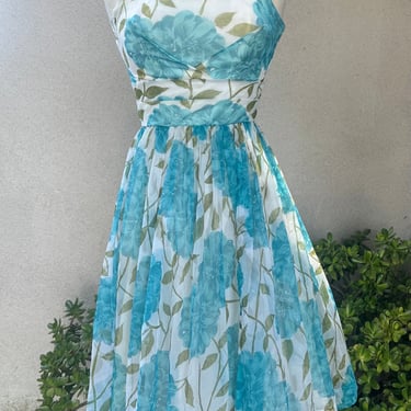 Vintage 60s chiffon party dress midi blue floral sz XS 