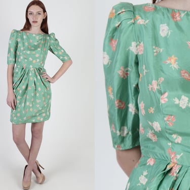 Vintage 60s Green Silk Delicate Floral Dress 