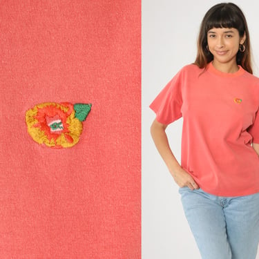 90s Coral T-Shirt Embroidered Floral T-Shirt Retro Plain Patch TShirt Solid T-Shirt Minimalist Top Basic Vintage 1990s Faded Medium 