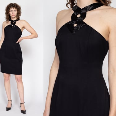 Med-Lrg 90s Black Beaded Neckline Mini Dress | Vintage Keyhole Neck Sleeveless Party Dress 
