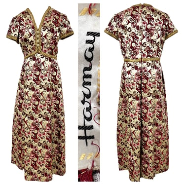 Vtg Vitage 1960s 60s Designer Harmay Burgundy and Gold Brocade Formal Gown 