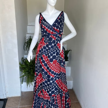 Breathtaking 1970s Dotted Gown Great Details Lined Summer Maxi Dress 