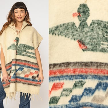 80s Wool Poncho with Hood Fringed Hem Southwestern Bird Motif Cream Hoodie Cape Southwest Open Sides Vintage 1980s OS S M L 