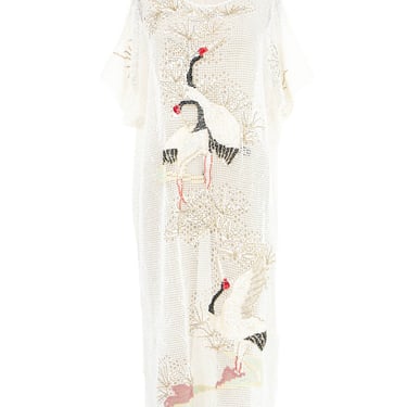 Crane Embellished White Crochet Midi Dress