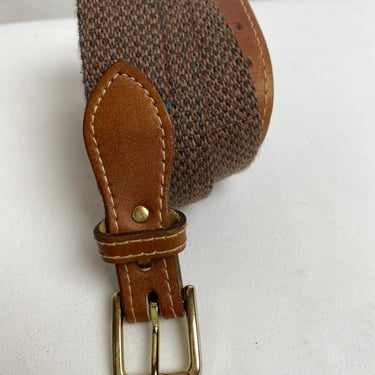 80’s textile woven belt with leather ~ micro tweedy khaki brown & peach hue skinny trouser belt/ unisex androgynous preppy / size 32”-34” 