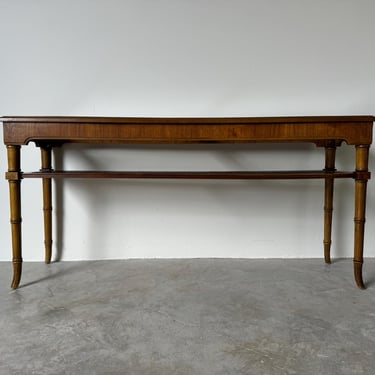 Vintage Hollywood Regency Two - Tiere Faux Bamboo Console Table with Glass Top and Cane Shelf 