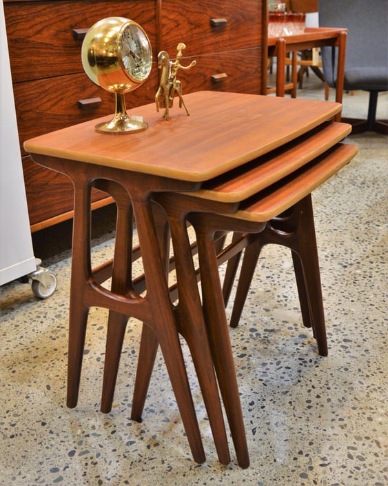 Stunning Set of 3 A Frame Teak Nesting Tables by Heltberg MidCentury