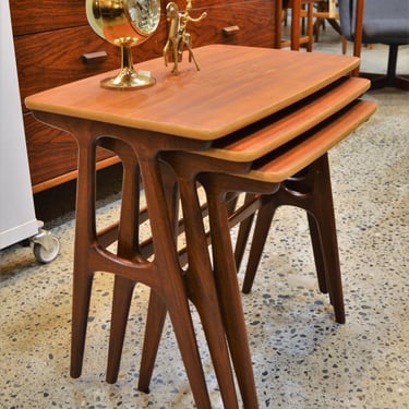 Stunning Set of 3 A Frame Teak Nesting Tables by Heltberg Mobler