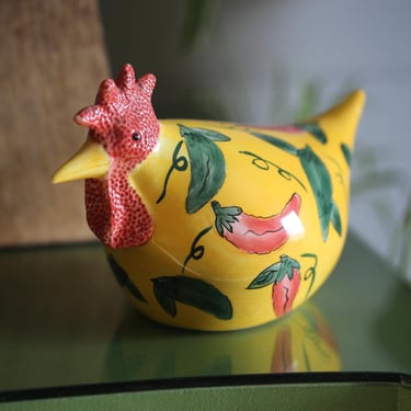 Vintage Chicken Yellow Red Green Chile Peppers | Ceramic Rooster | Bennington Potters 