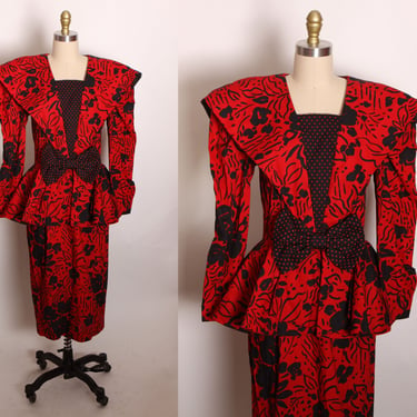1980s Red and Black Floral Avant Garde Structured Wide Shoulder Collar Peplum Waist Pencil Skirt Dress by Leslie Lucks -M 