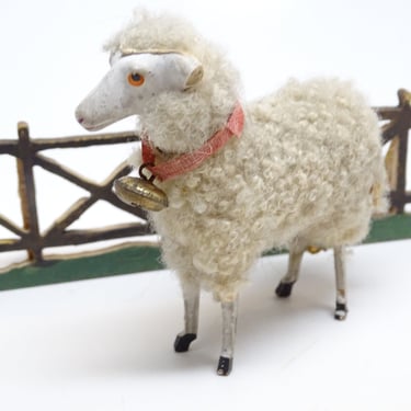 Antique 1930's German 3 1/4 Inch Wooly Sheep with Bell, for Putz or Christmas Nativity 