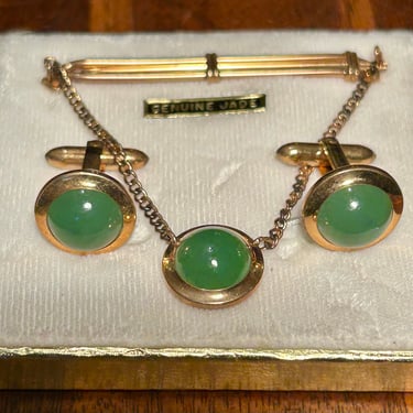 Genuine Jade Tie Bar And Cuff Links Gold Tone Vintage Retro Menswear 