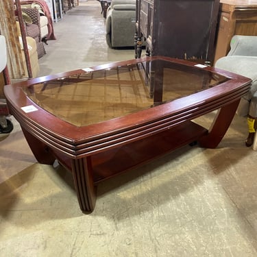 Wooden Coffee Table on Wheels with Beveled Glass Top