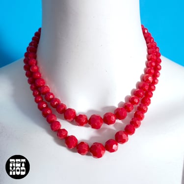 Beautiful Vintage 60s Red Faceted Beaded Two-Strand Necklace 