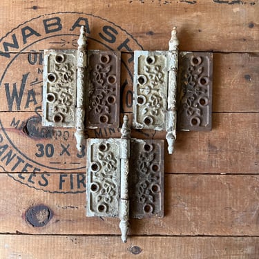 Antique Set of 3 Cast Iron Eastlake 5x5 Steeple Tip Hinges 