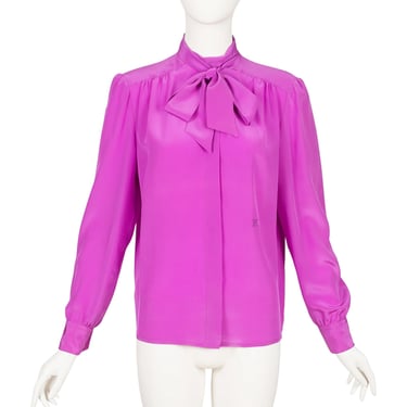 Céline 1980s Vintage Fuchsia Silk Neck-Tie Blouse Sz L XL 