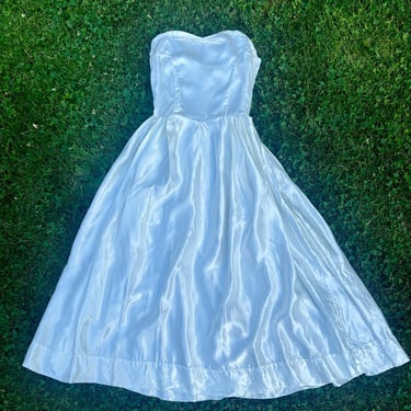 Vintage 1950s White Shiny Satin Strapless Dress Bride Bridal Evening XS Small by TimeBa