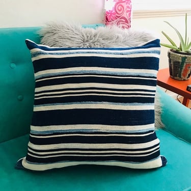 BOHO CHIC Pillow Cover | White | Blue | Cotton | Striped 