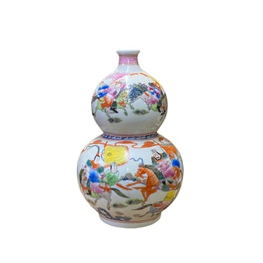 Chinese Oriental White Porcelain Horses Field Graphic Gourd Shape Vase ws2706E 