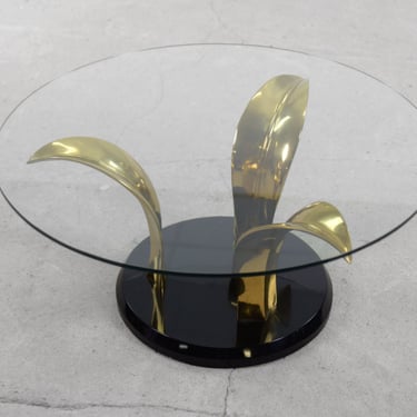 Vintage Glamour Hollywood Regency Glass & Brass Palm Leaf Cocktail Coffee Table, 1970s 