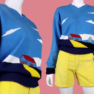 1970s colorful pullover V-neck. Blue red yellow colorblock. Home sweet home. Clouds. Unique vintage sweater. (M/L) 