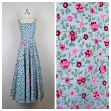 Vintage 1940s floral dress, embroidered gown, taffeta, maxi, formal, party 
