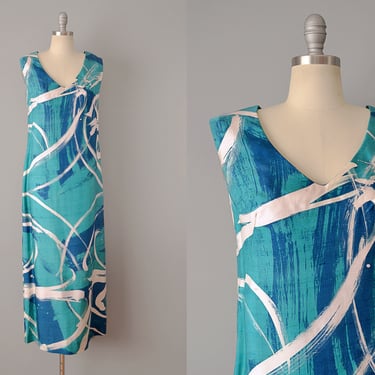 1960s Turquoise And Blue Brush Stroke Printed Maxi Dress // Size Medium Large 