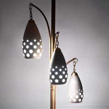 Vintage 1960s Ceramic Shade Tension Pole Lamp - Mid-Century Modern 3-Light Floor Lamp with Perforated Shades 