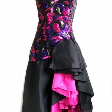 Vintage 1980's SEQUIN Prom PARTY Evening Dress GOWN Fuchsia Pink Black Full Skirt 