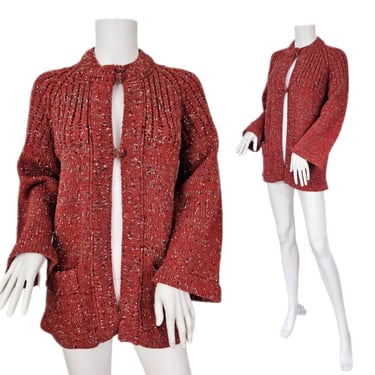 1970's Brick Red Fleck Acrylic Tunic Cardigan Sweater I Sz Med I Sweater Girl 