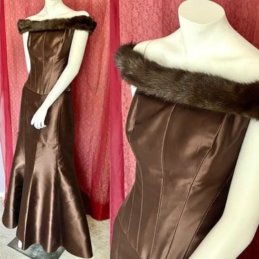 Fur Trimmed Cocktail Dress, Evening, Mermaid Style, 2-Pc  Maxi, Off-Shoulder, Chetta B, Vintage 