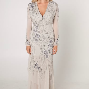 Sue Wong Grey Silk Beaded Dress