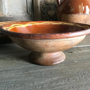French Terracotta Pedestal Bowl, Rustic Fruit Compote, Redware Slip Glaze, Val de Saône, French Farmhouse, Farm Table 