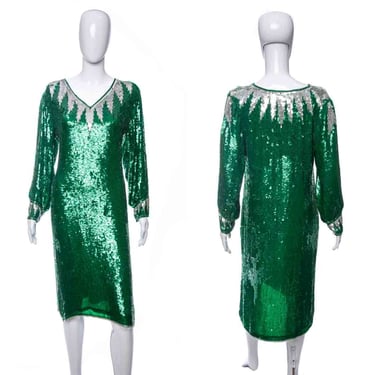 1980's Dominique Emerald Green and Silver Sequin Gown Size L