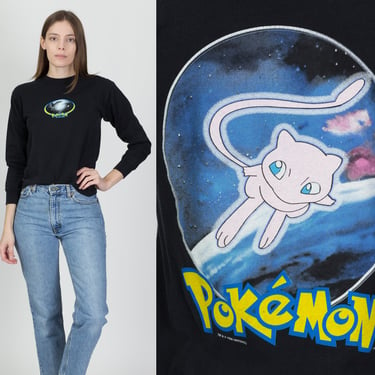 90s Pokemon: The First Movie Cropped Long Sleeve Tee - XS to Petite Small | Vintage Mew Vs. MewTwo Anime Graphic Black Shirt 