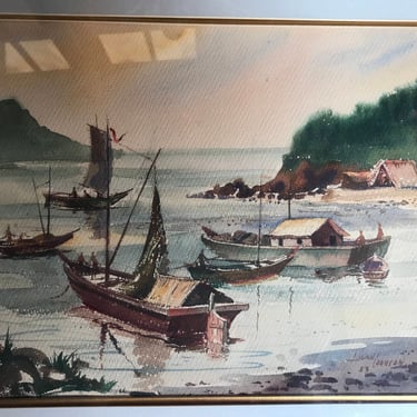 Vintage Water Color Painting 1953 Signed Beautiful Chinese  fishing boat scene- Chinese Junk boats 