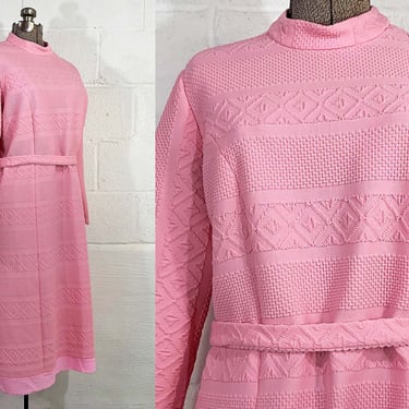 Vintage Sears Powder Pink Dress Mod Long Sleeve Scooter Mid-Century Twiggy Textured Rose XXL XL 1960s 