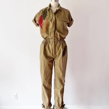 SIZE L 1980s Leaf Applique Jumpsuit by PHOOL - 80s Short Sleeve Safari Jumpsuit / Fall Autumn Woodland Ranger 