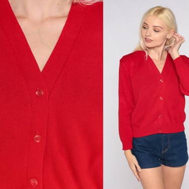 Red Cardigan 80s Button up Sweater Basic Plain Solid Simple Knit Grandpa Sweater V Neck Slouchy Fall Vintage 1980s Acrylic Extra Small xs 