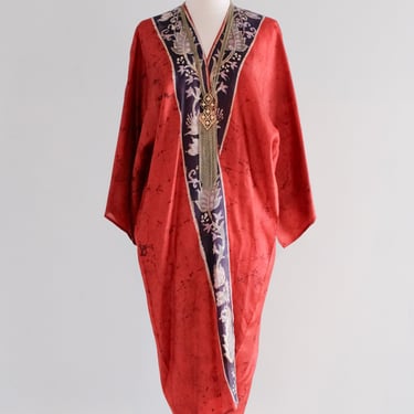 Amazing Vintage 80s Maroon Red Parrots in a Tree Silk Lounge Robe / Sz M