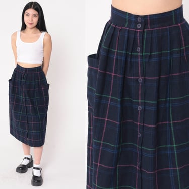 Checkered Midi Skirt 80s Navy Blue Wool Pleated Plaid High Waist Button Up Dark Academia Preppy 1980s School Girl Vintage Extra Small xs 