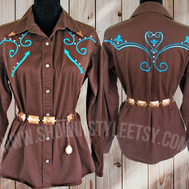 Walls Cowgirl Vintage Retro Women's Cowgirl Western Shirt, Blouse, Turquoise Embroidery, Rhinestones, Tag Size Medium (see meas. photo) 