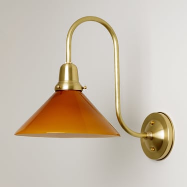 Large Gooseneck Wall Sconce - Amber Glass Cone Shade -Brass Lighting - Kitchen Lighting - Bedroom Light 