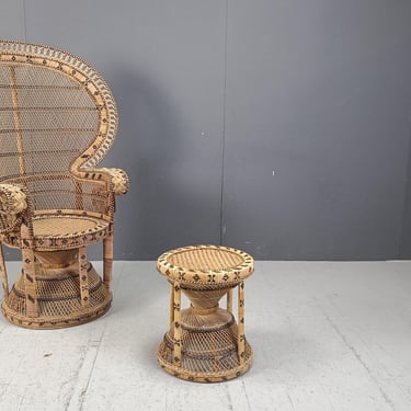 Vintage wicker peacock chair with stool, 1970s - mid century modern lounge chair - rattan chair - unique rattan chair - high back chair 