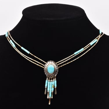 Native American Sterling Silver Turquoise Concho Tassel Pendant Necklace, 3-Strand Beaded Necklace, 18.5